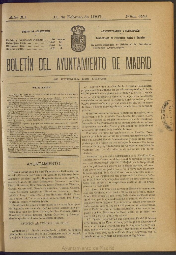Miniatura de Boletín Oficial del Ayuntamiento de Madrid del 11 de febrero de 1907, nº 528