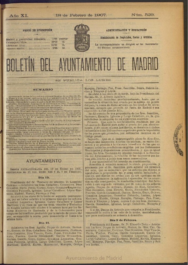 Miniatura de Boletín Oficial del Ayuntamiento de Madrid del 18 de febrero de 1907, nº 529