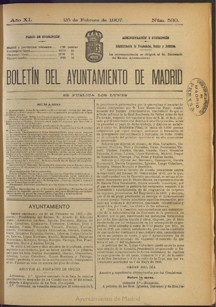 Miniatura de Boletín Oficial del Ayuntamiento de Madrid del 25 de febrero de 1907, nº 530