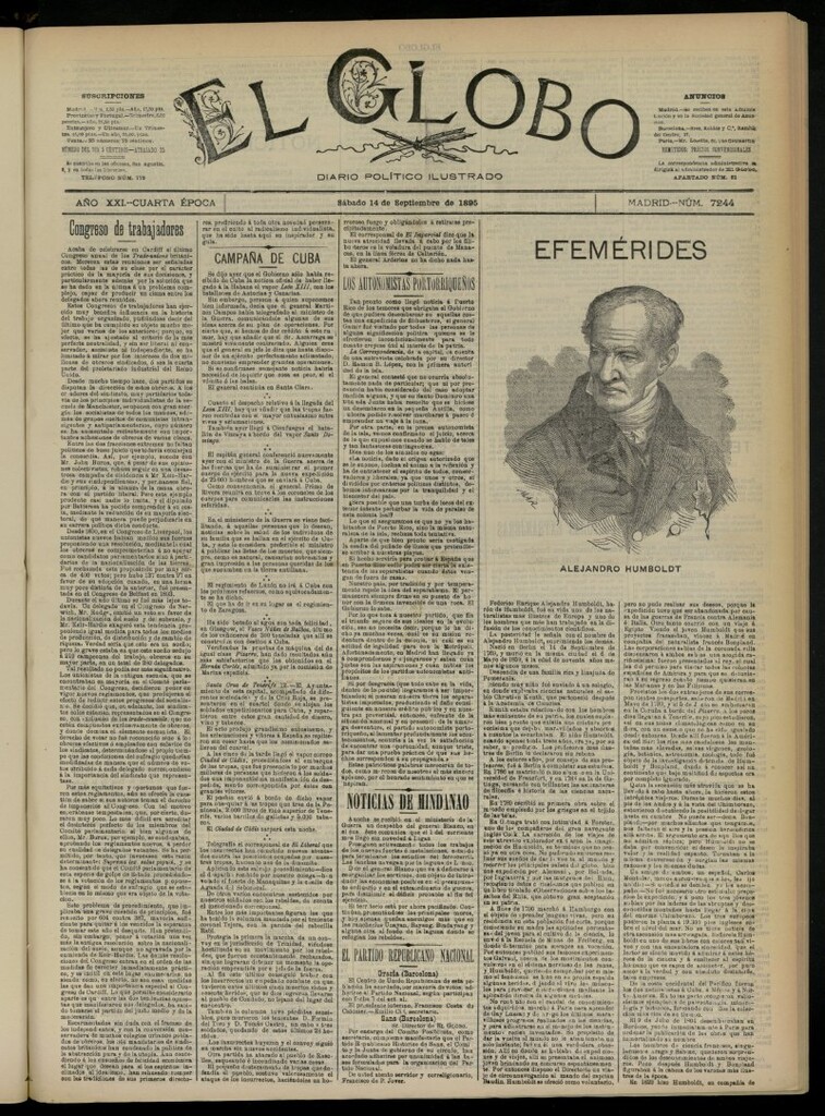 Miniatura de El Globo : diario ilustrado  del 14 de septiembre de 1895, nº 7244