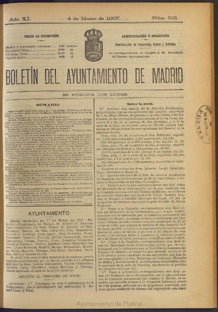 Miniatura de Boletín Oficial del Ayuntamiento de Madrid del 4 de marzo de 1907, nº 531