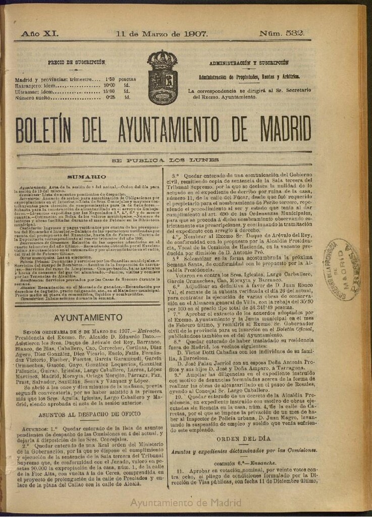 Miniatura de Boletín Oficial del Ayuntamiento de Madrid del 11 de marzo de 1907, nº 532
