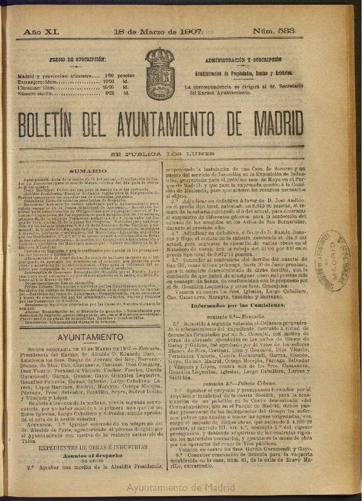 Miniatura de Boletín Oficial del Ayuntamiento de Madrid del 18 de marzo de 1907, nº 533