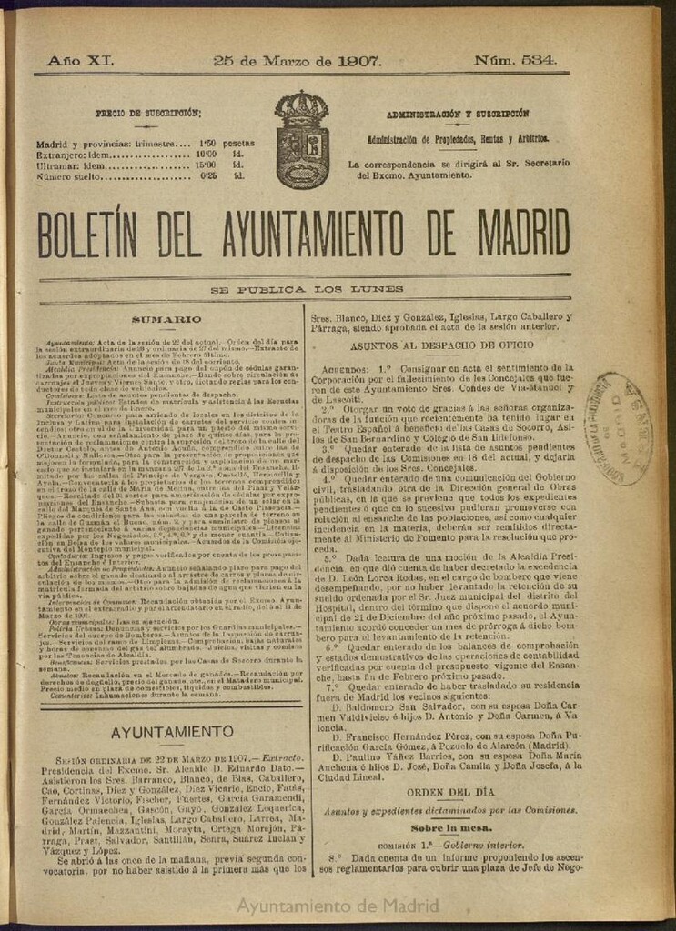 Miniatura de Boletín Oficial del Ayuntamiento de Madrid del 25 de marzo de 1907, nº 534