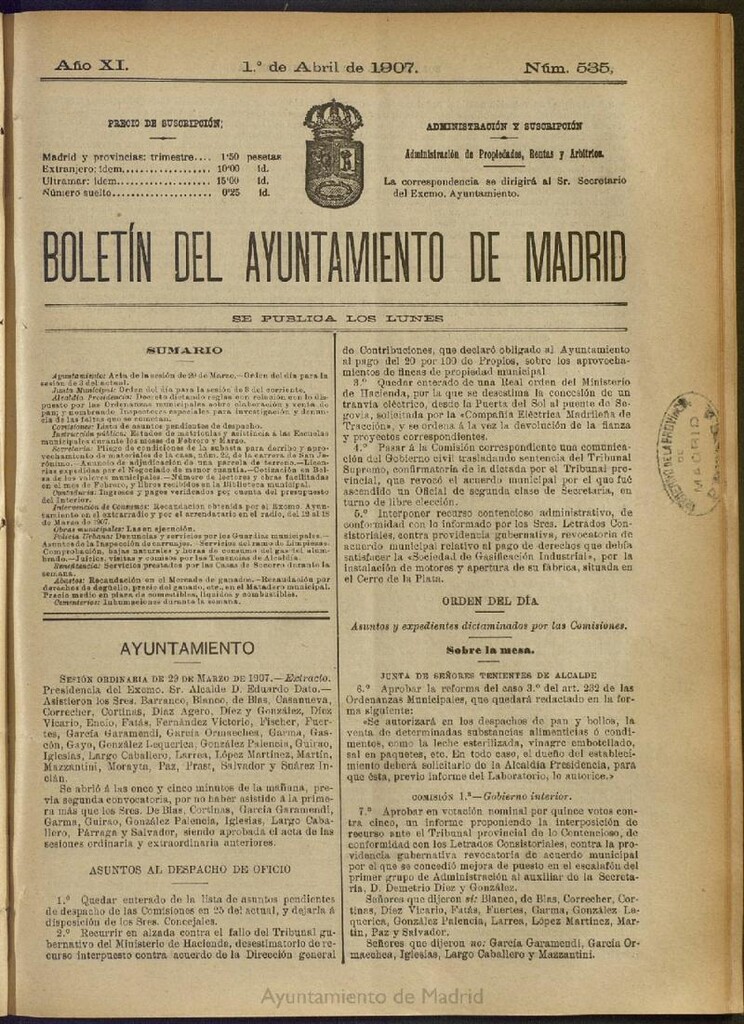 Miniatura de Boletín Oficial del Ayuntamiento de Madrid del 1 de abril de 1907, nº 535