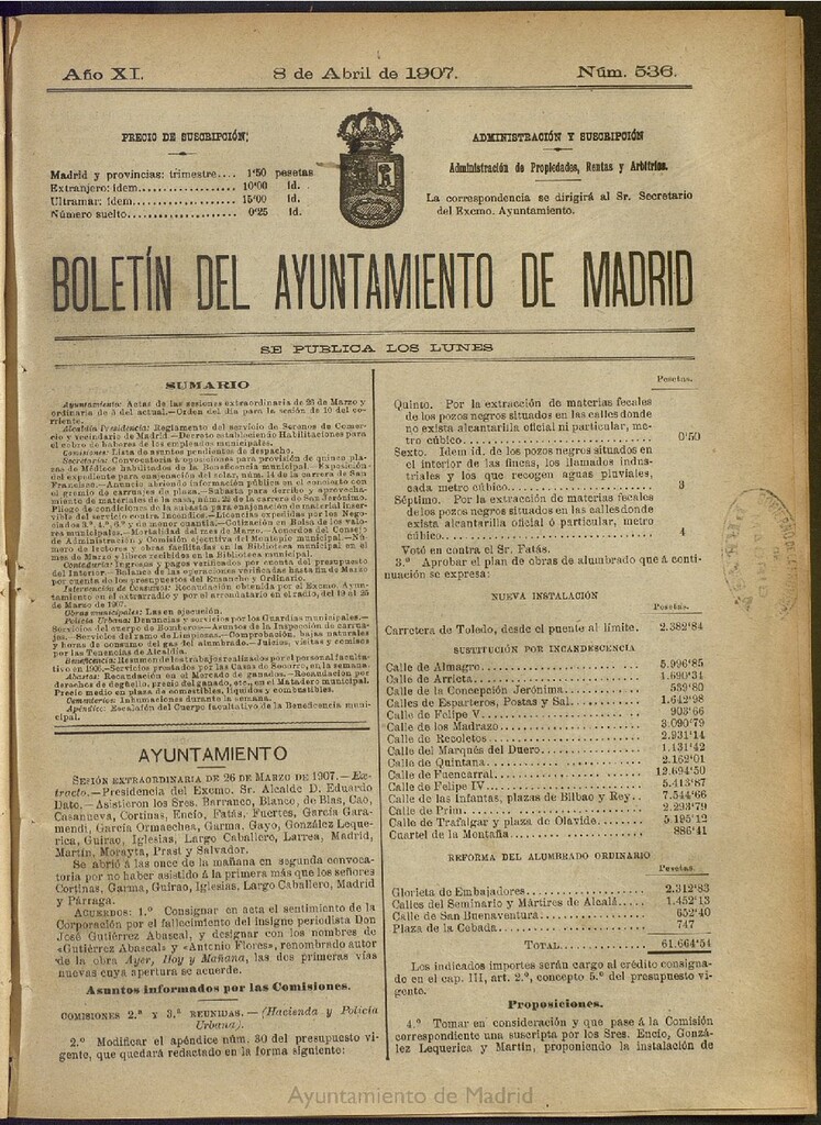 Miniatura de Boletín Oficial del Ayuntamiento de Madrid del 8 de abril de 1907, nº 536