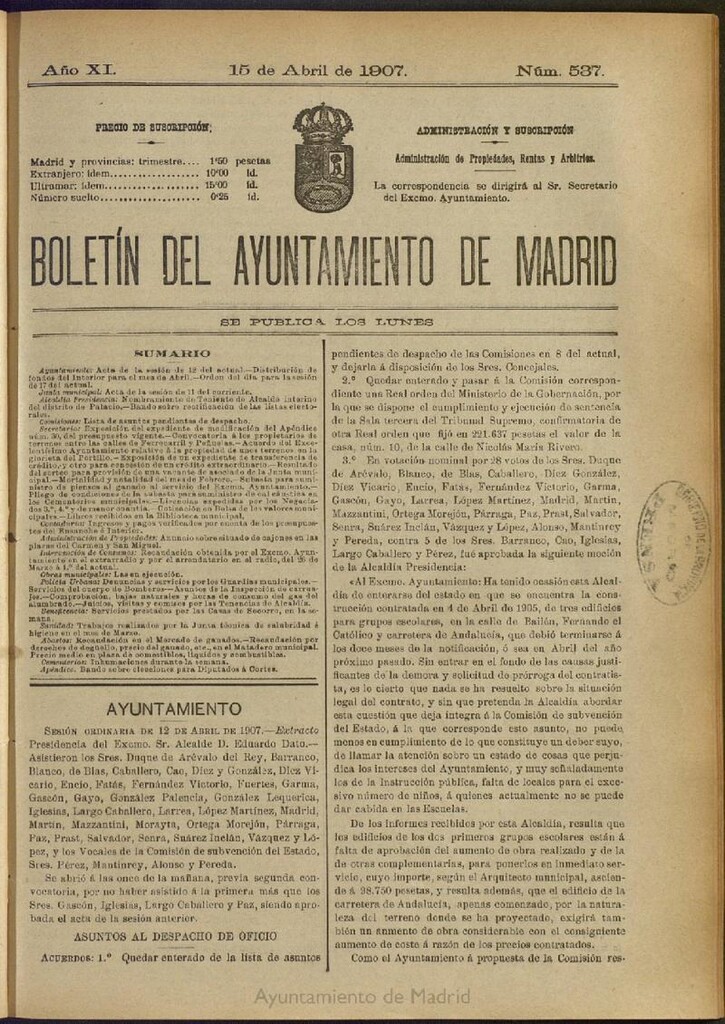 Miniatura de Boletín Oficial del Ayuntamiento de Madrid del 15 de abril de 1907, nº 537