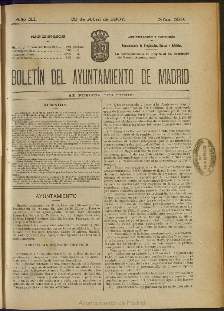 Miniatura de Boletín Oficial del Ayuntamiento de Madrid del 22 de abril de 1907, nº 538
