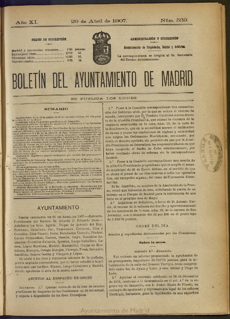 Miniatura de Boletín Oficial del Ayuntamiento de Madrid del 29 de abril de 1907, nº 539