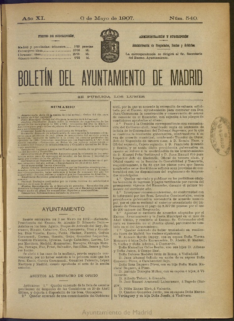 Miniatura de Boletín Oficial del Ayuntamiento de Madrid del 6 de mayo de 1907, nº 540