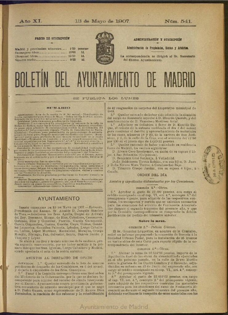 Miniatura de Boletín Oficial del Ayuntamiento de Madrid del 13 de mayo de 1907, nº 541