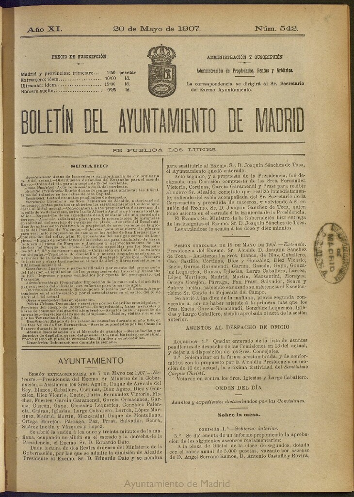 Miniatura de Boletín Oficial del Ayuntamiento de Madrid del 20 de mayo de 1907, nº 542