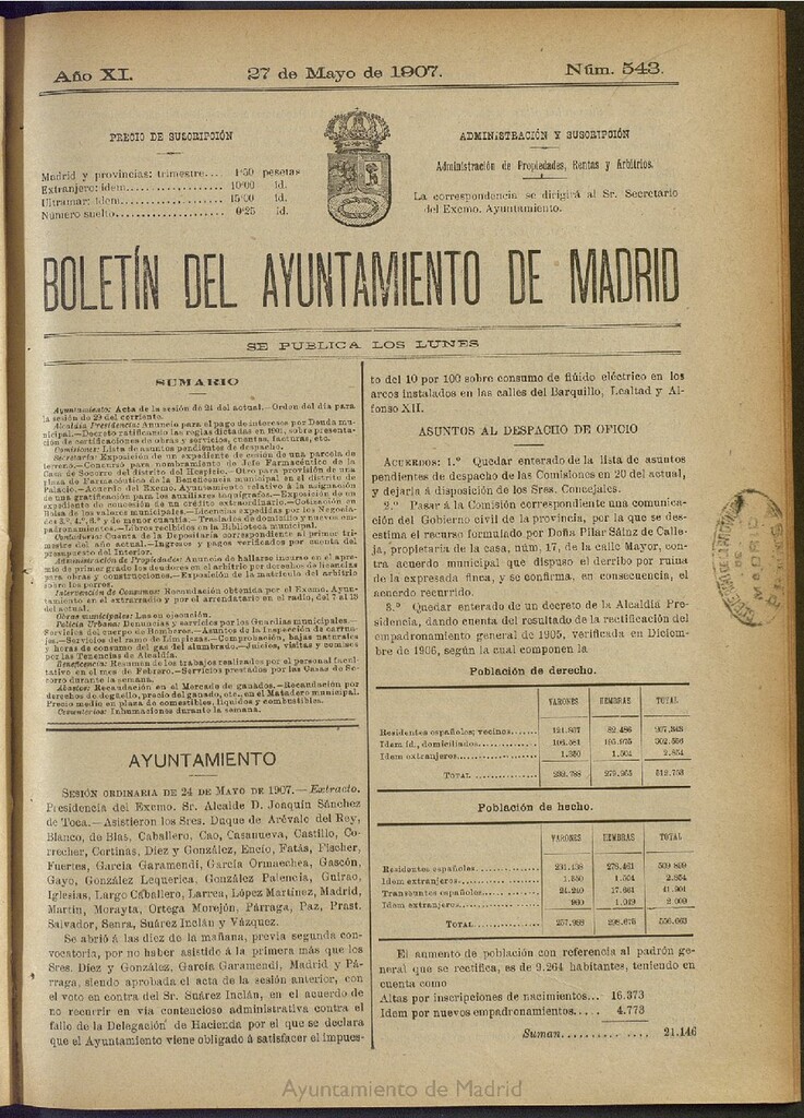 Miniatura de Boletín Oficial del Ayuntamiento de Madrid del 27 de mayo de 1907, nº 543