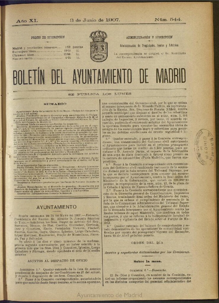 Miniatura de Boletín Oficial del Ayuntamiento de Madrid del 3 de junio de 1907, nº 544