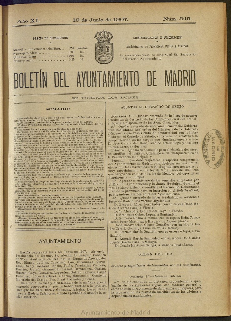 Miniatura de Boletín Oficial del Ayuntamiento de Madrid del 10 de junio de 1907, nº 545