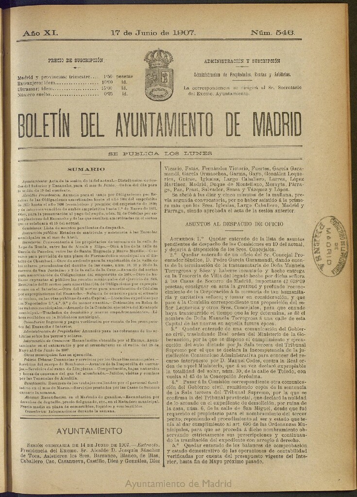 Miniatura de Boletín Oficial del Ayuntamiento de Madrid del 17 de junio de 1907, nº 546