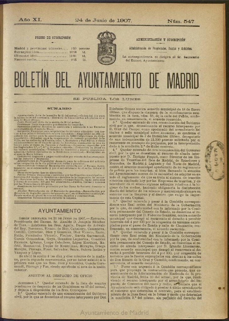 Miniatura de Boletín Oficial del Ayuntamiento de Madrid del 24 de junio de 1907, nº 547