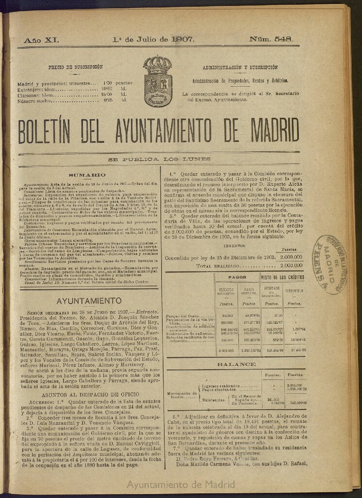 Miniatura de Boletín Oficial del Ayuntamiento de Madrid del 1 de julio de 1907, nº 548