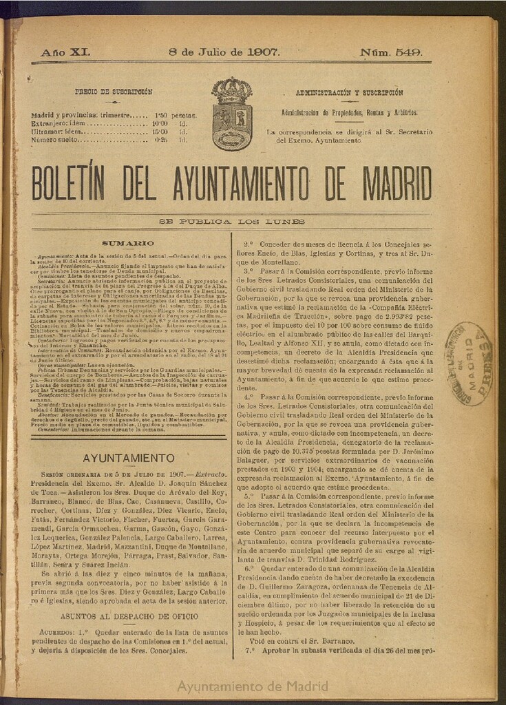 Miniatura de Boletín Oficial del Ayuntamiento de Madrid del 8 de julio de 1907, nº 549