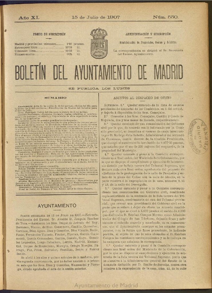 Miniatura de Boletín Oficial del Ayuntamiento de Madrid del 15 de julio de 1907, nº 550