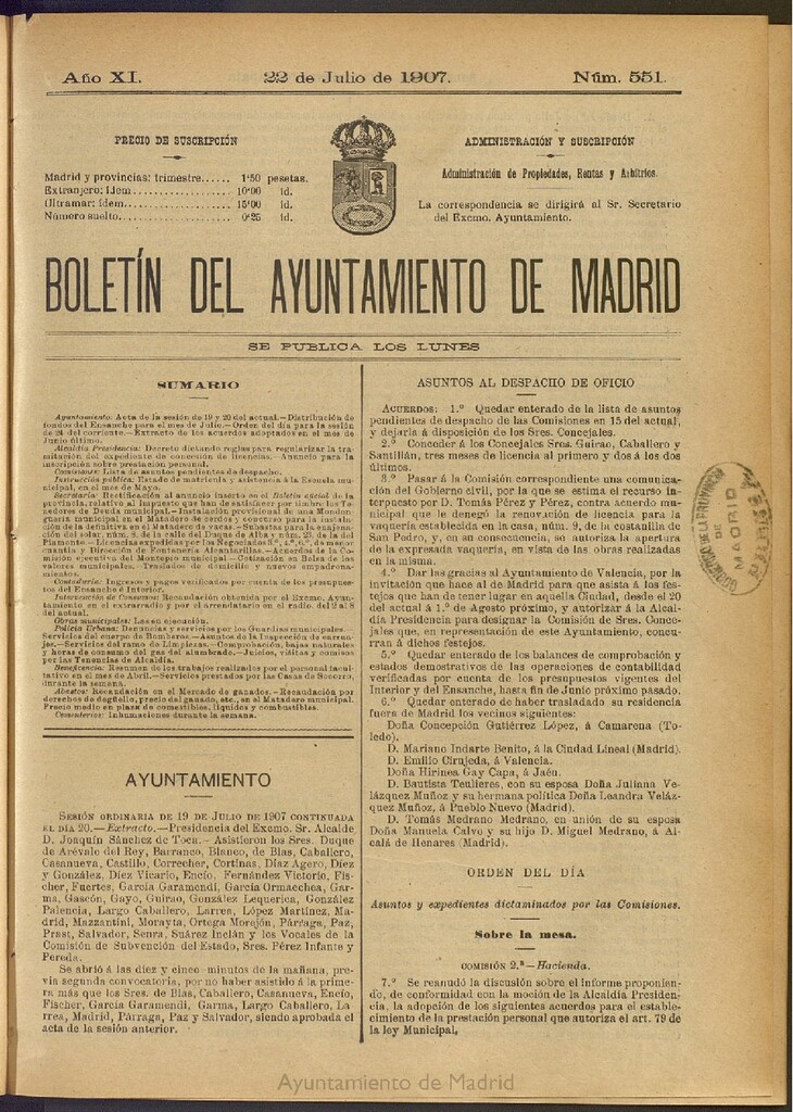 Miniatura de Boletín Oficial del Ayuntamiento de Madrid del 22 de julio de 1907, nº 551