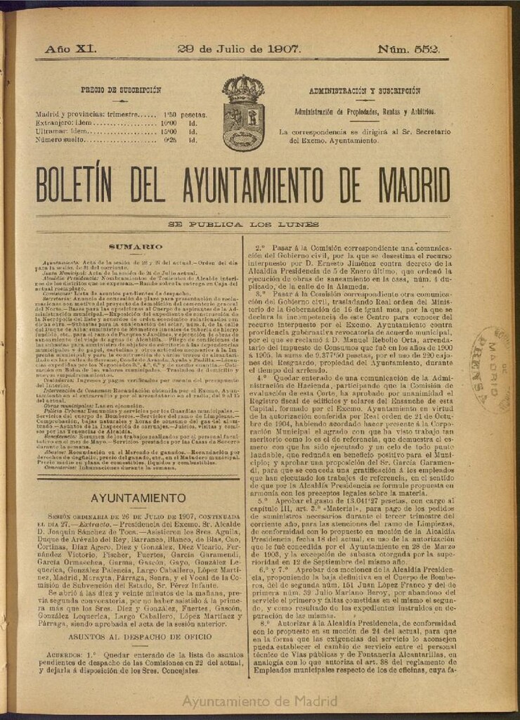 Miniatura de Boletín Oficial del Ayuntamiento de Madrid del 29 de julio de 1907, nº 552