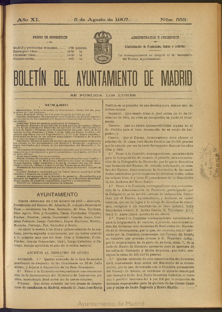 Miniatura de Boletín Oficial del Ayuntamiento de Madrid del 5 de agosto de 1907, nº 553