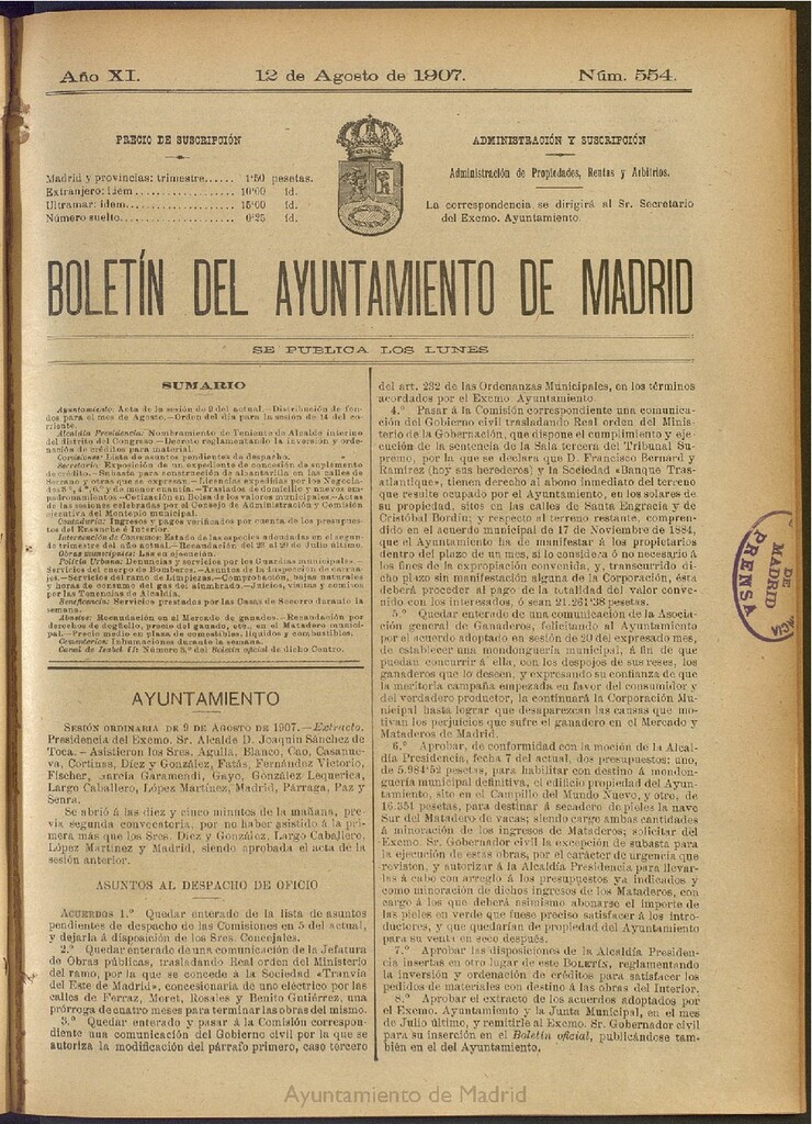 Miniatura de Boletín Oficial del Ayuntamiento de Madrid del 12 de agosto de 1907, nº 554