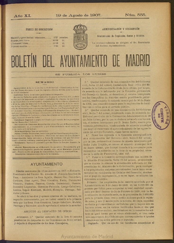 Miniatura de Boletín Oficial del Ayuntamiento de Madrid del 19 de agosto de 1907, nº 555