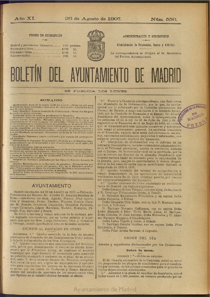 Miniatura de Boletín Oficial del Ayuntamiento de Madrid del 26 de agosto de 1907, nº 556