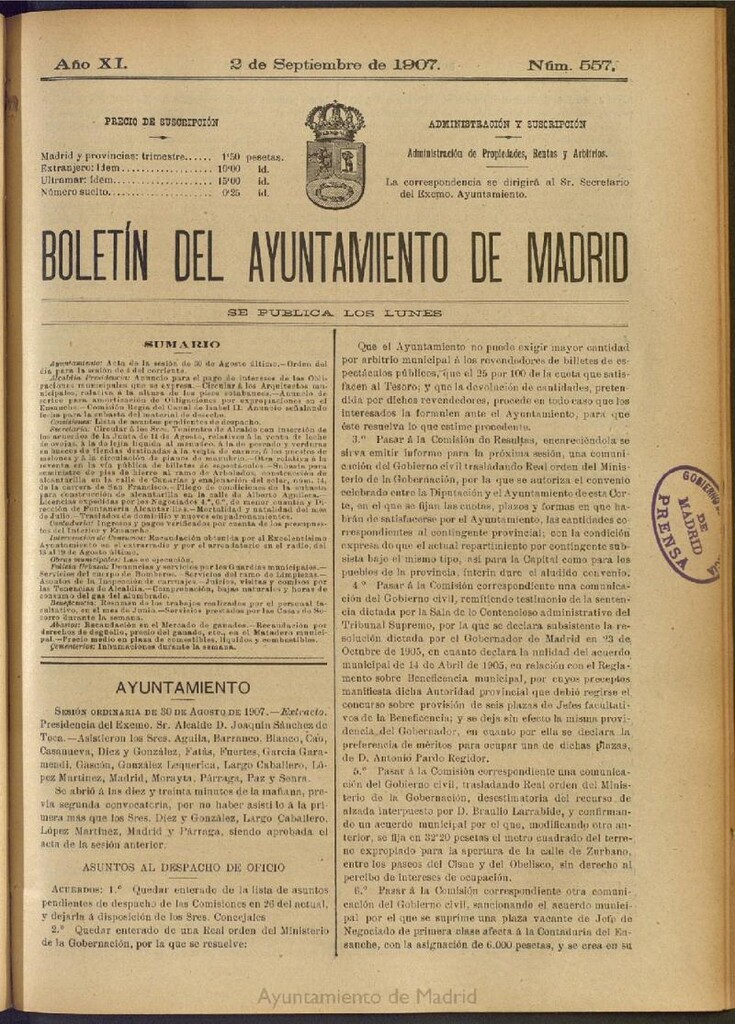 Miniatura de Boletín Oficial del Ayuntamiento de Madrid del 2 de septiembre de 1907, nº 557