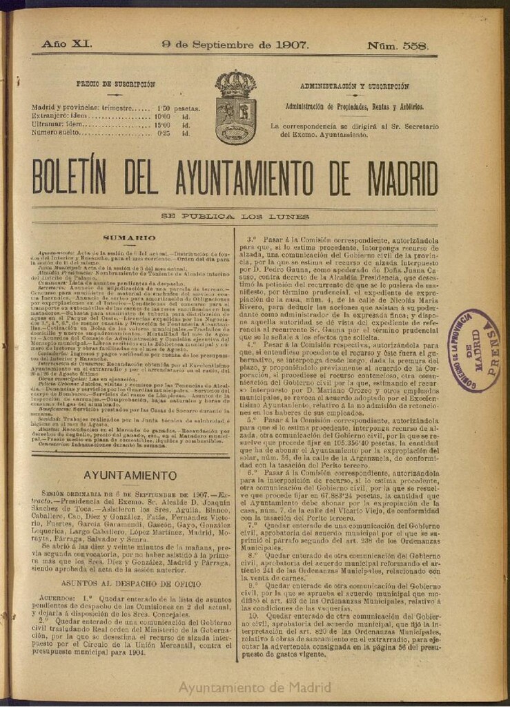 Miniatura de Boletín Oficial del Ayuntamiento de Madrid del 9 de septiembre de 1907, nº 558