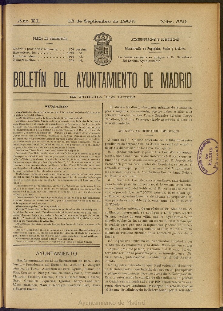 Miniatura de Boletín Oficial del Ayuntamiento de Madrid del 16 de septiembre de 1907, nº 559
