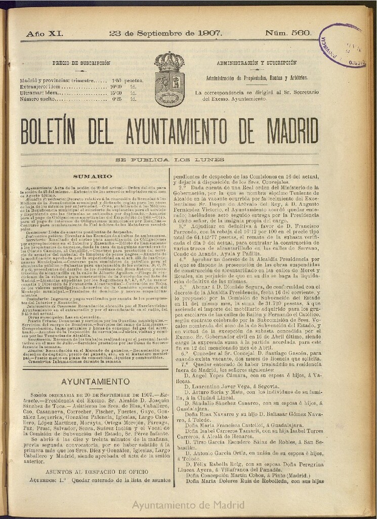 Miniatura de Boletín Oficial del Ayuntamiento de Madrid del 23 de septiembre de 1907, nº 560