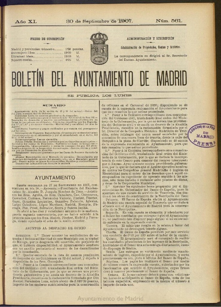 Miniatura de Boletín Oficial del Ayuntamiento de Madrid del 30 de septiembre de 1907, nº 561