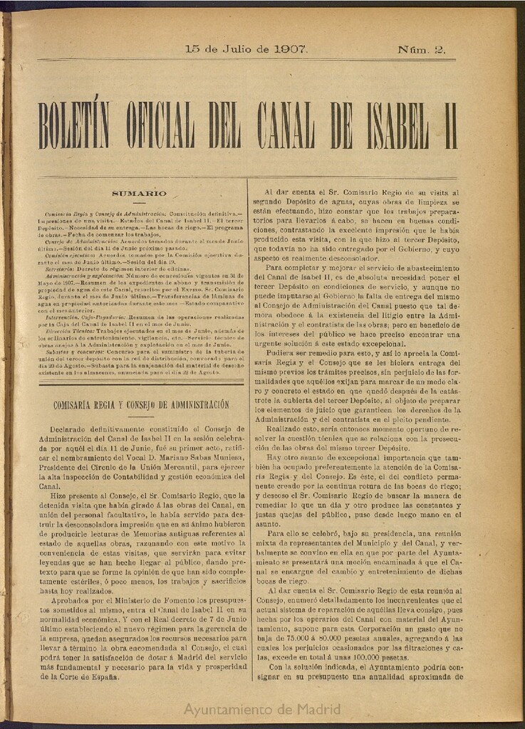 Miniatura de Boletín Oficial del Canal de Isabel II del 15 de julio de 1907, nº 2