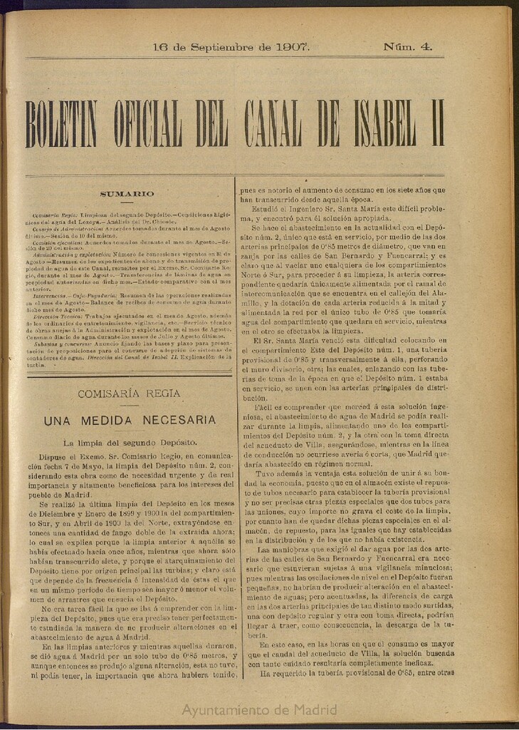 Miniatura de Boletín Oficial del Canal de Isabel II del 16 de septiembre de 1907, nº 4