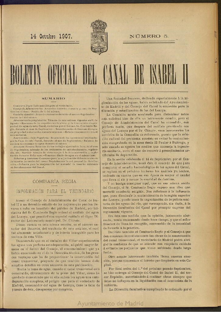 Miniatura de Boletín Oficial del Canal de Isabel II del 14 de octubre de 1907, nº 5