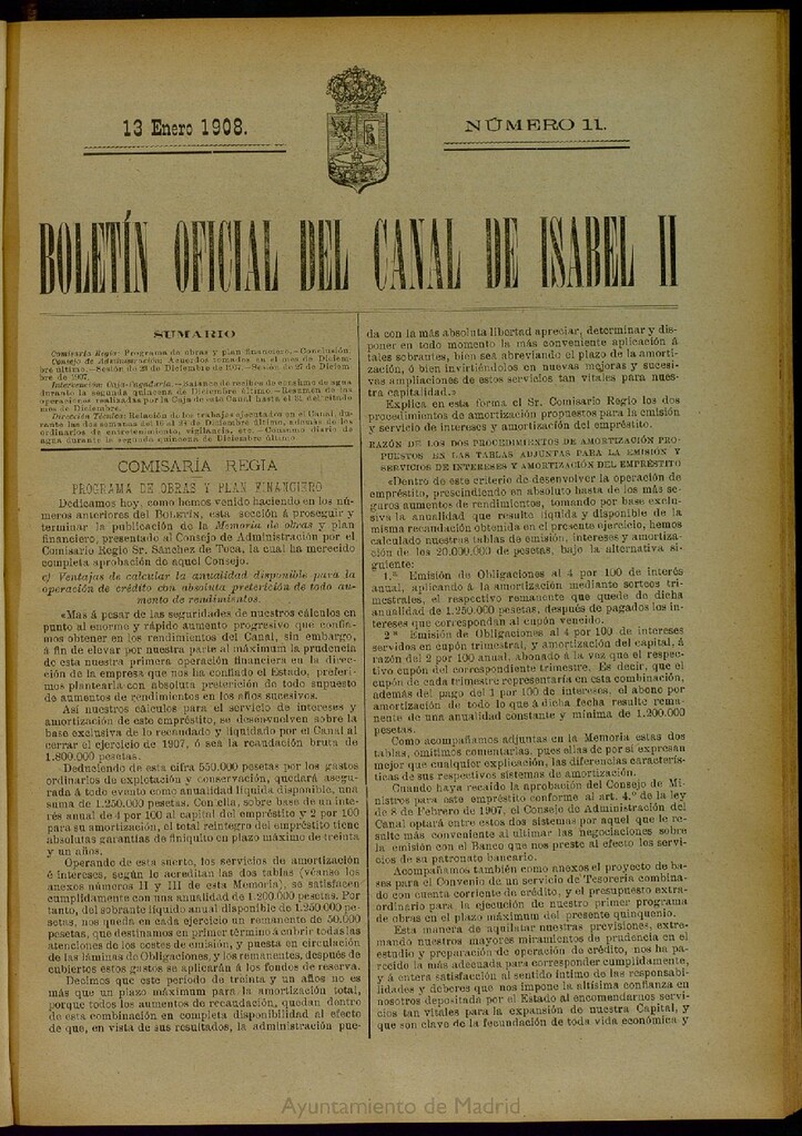Miniatura de Boletín Oficial del Canal de Isabel II del 13 de enero de 1908, nº 11