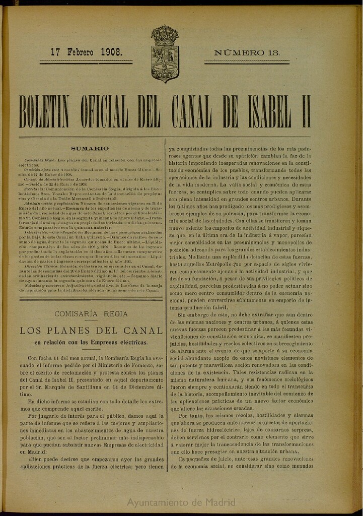 Miniatura de Boletín Oficial del Canal de Isabel II del 17 de febrero de 1908, nº 13