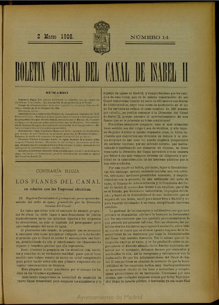 Miniatura de Boletín Oficial del Canal de Isabel II del 2 de marzo de 1908, nº 14