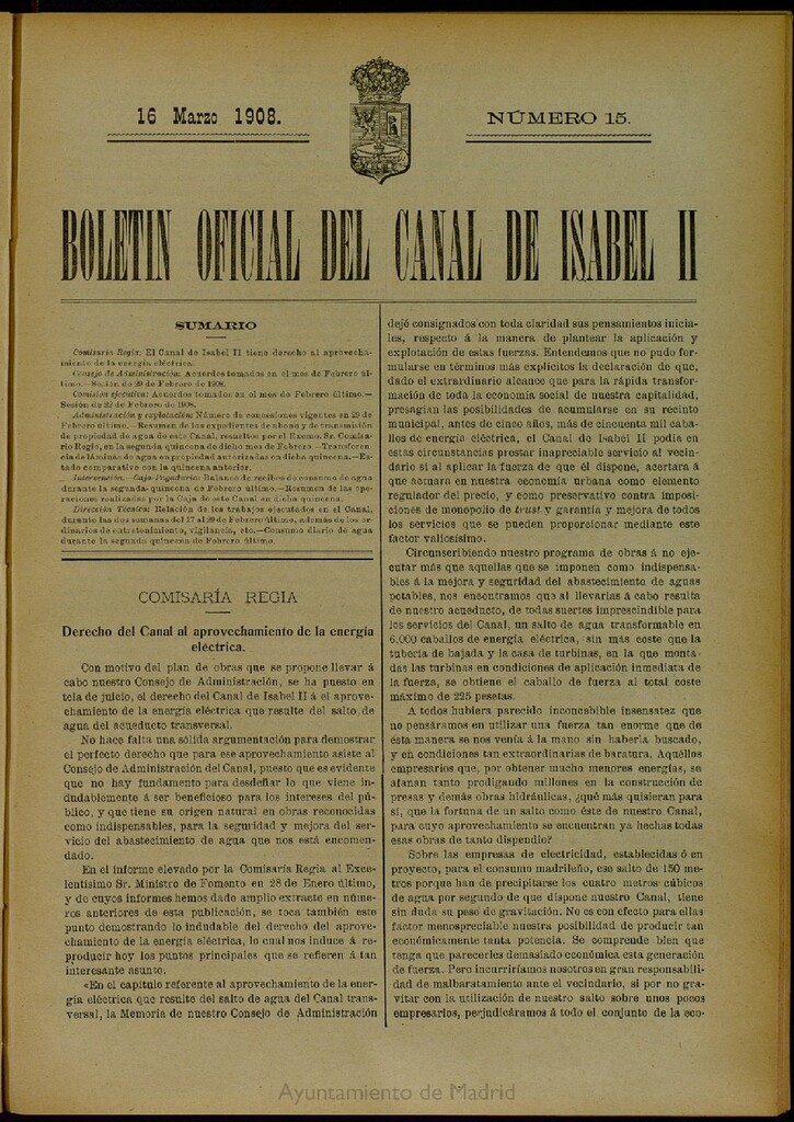 Miniatura de Boletín Oficial del Canal de Isabel II del 16 de marzo de 1908, nº 15