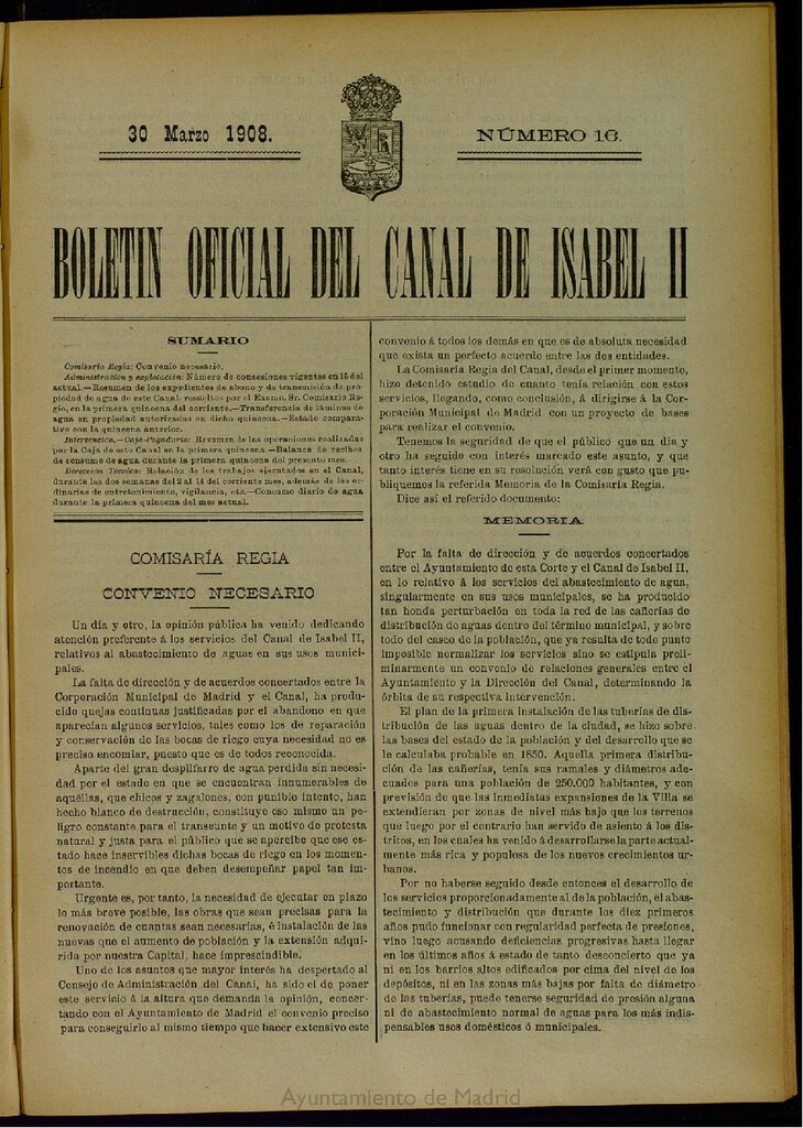 Miniatura de Boletín Oficial del Canal de Isabel II del 30 de marzo de 1908, nº 16