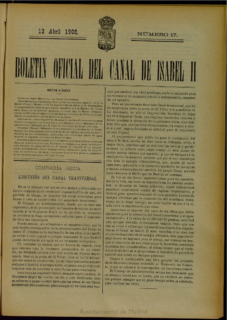 Miniatura de Boletín Oficial del Canal de Isabel II del 13 de abril de 1908, nº 17
