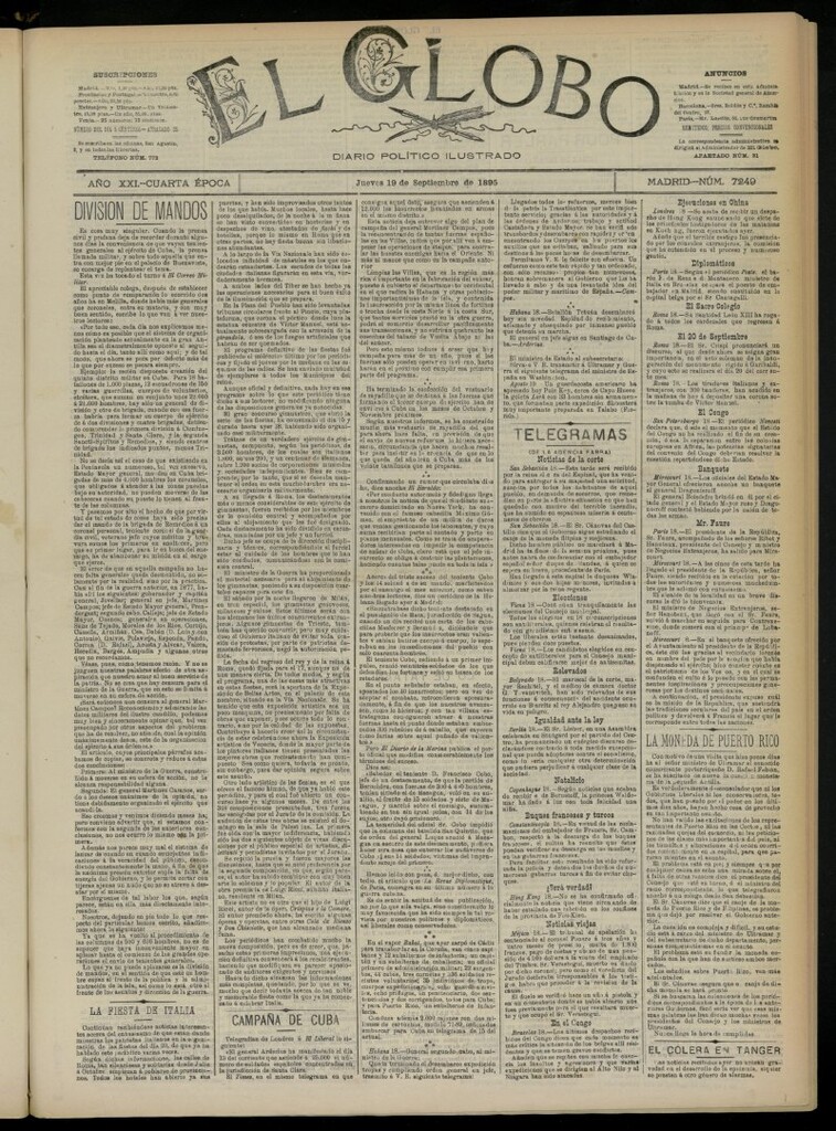 Miniatura de El Globo : diario ilustrado  del 19 de septiembre de 1895, nº 7249
