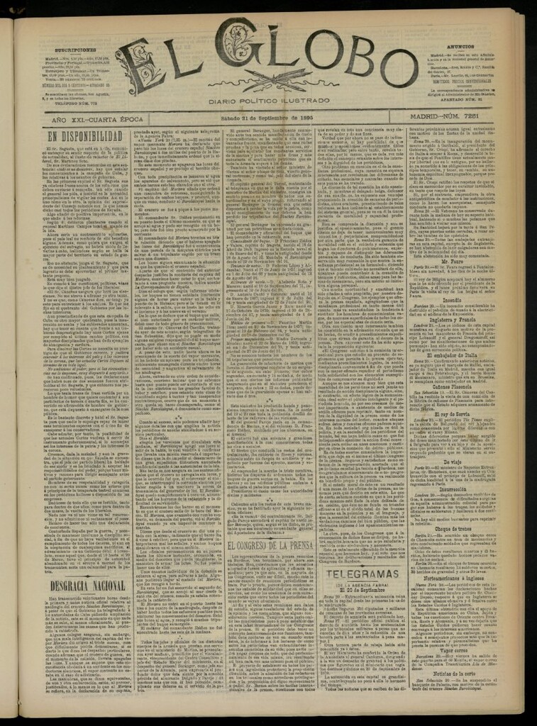 Miniatura de El Globo : diario ilustrado  del 21 de septiembre de 1895, nº 7251