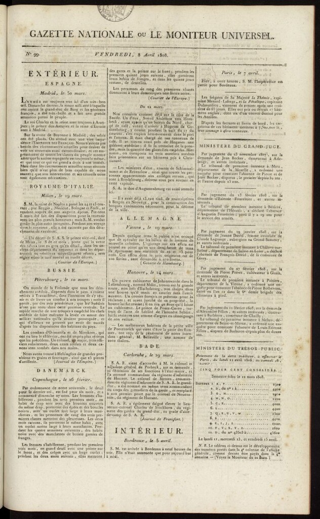 Miniatura de Gazette Nationale ou le Moniteur Universel del 8 de abril de 1808, nº 99