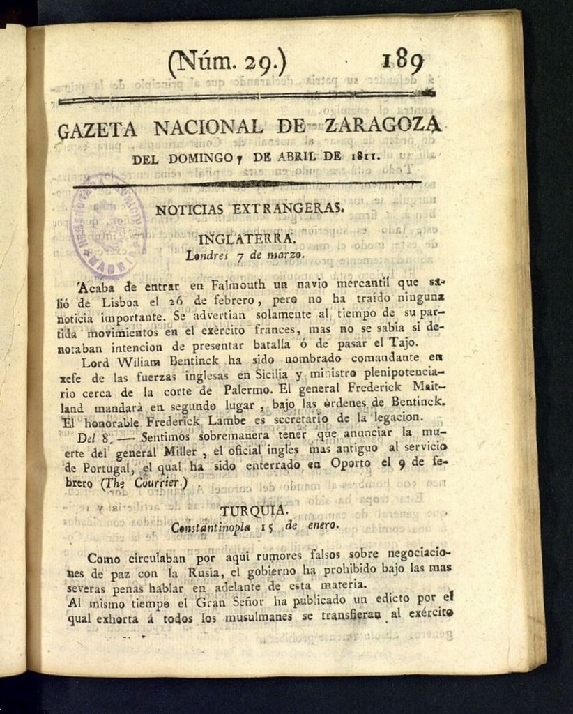 Miniatura de Gazeta de Zaragoza del 7 de abril de 1811