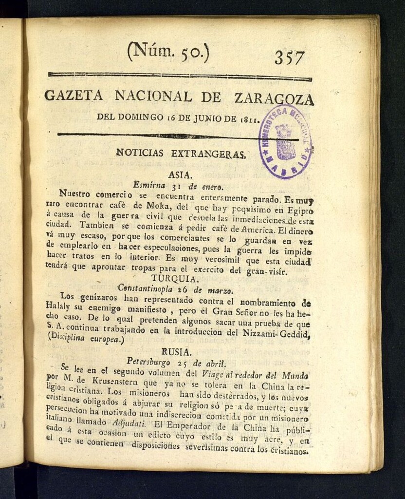 Miniatura de Gazeta de Zaragoza del 16 de junio de 1811