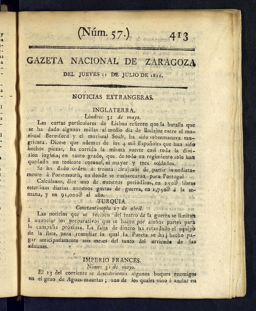 Miniatura de Gazeta de Zaragoza del 11 de julio de 1811